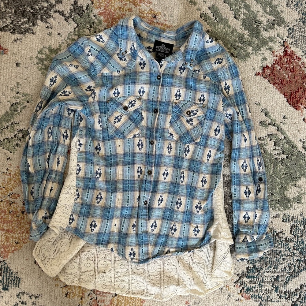 VTG 90s Angie Women S Southwestern Button Up Top Lace Peplum Blue Plaid Boho - Picture 7 of 15